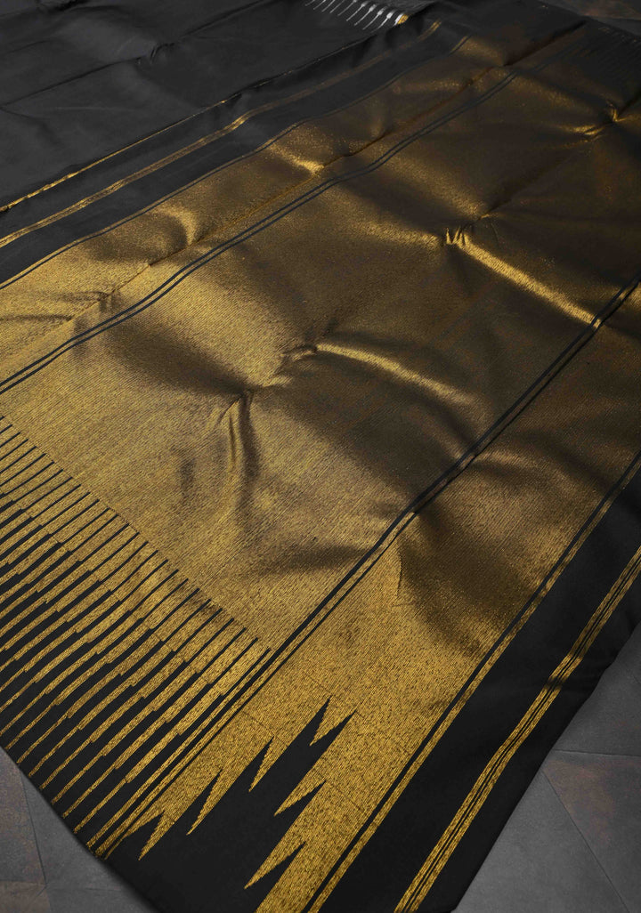 Statement Black Kanjivaram Silk Saree with Antique Silver and Gold Spikes Border | SILK MARK CERTIFIED