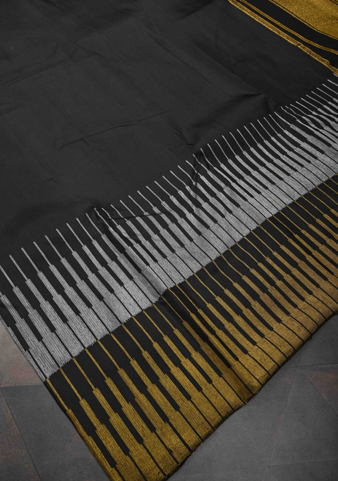Statement Black Kanjivaram Silk Saree with Antique Silver and Gold Spikes Border | SILK MARK CERTIFIED