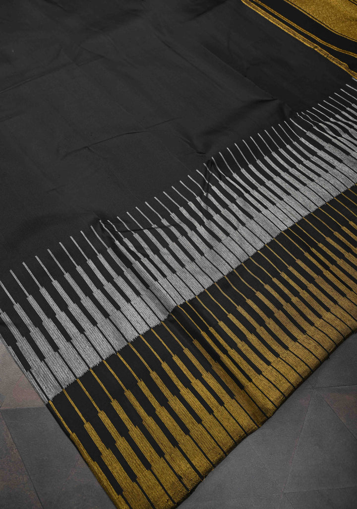 Statement Black Kanjivaram Silk Saree with Antique Silver and Gold Spikes Border | SILK MARK CERTIFIED