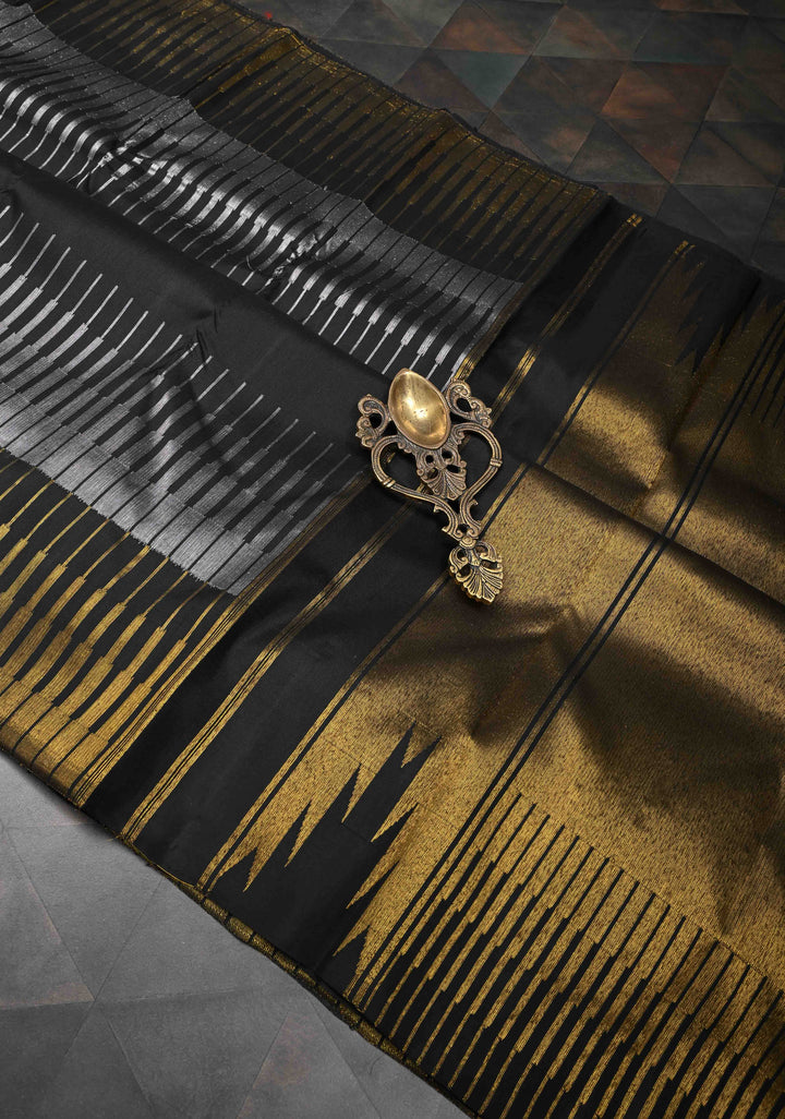 Statement Black Kanjivaram Silk Saree with Antique Silver and Gold Spikes Border | SILK MARK CERTIFIED