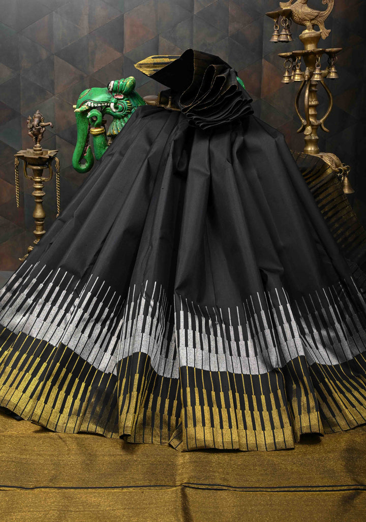 Statement Black Kanjivaram Silk Saree with Antique Silver and Gold Spikes Border | SILK MARK CERTIFIED