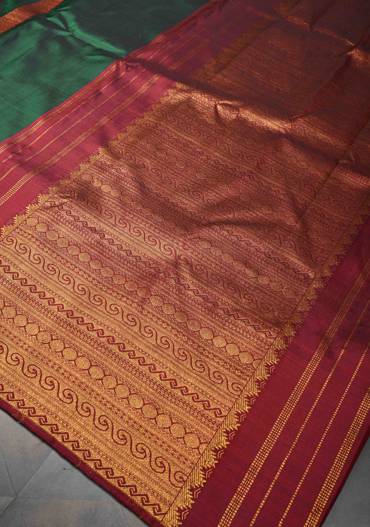 Bottle Green Kanjivaram Pure Silk Saree with Brocade Temple Border Panel Design  | SILK MARK CERTIFIED