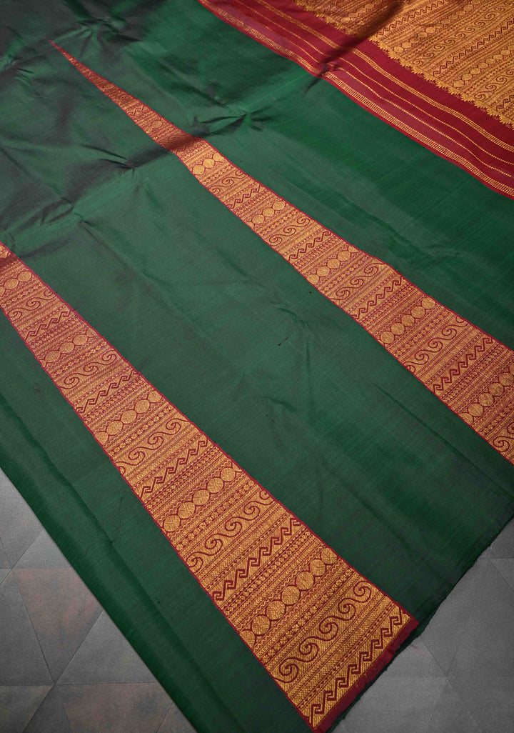 Bottle Green Kanjivaram Pure Silk Saree with Brocade Temple Border Panel Design  | SILK MARK CERTIFIED
