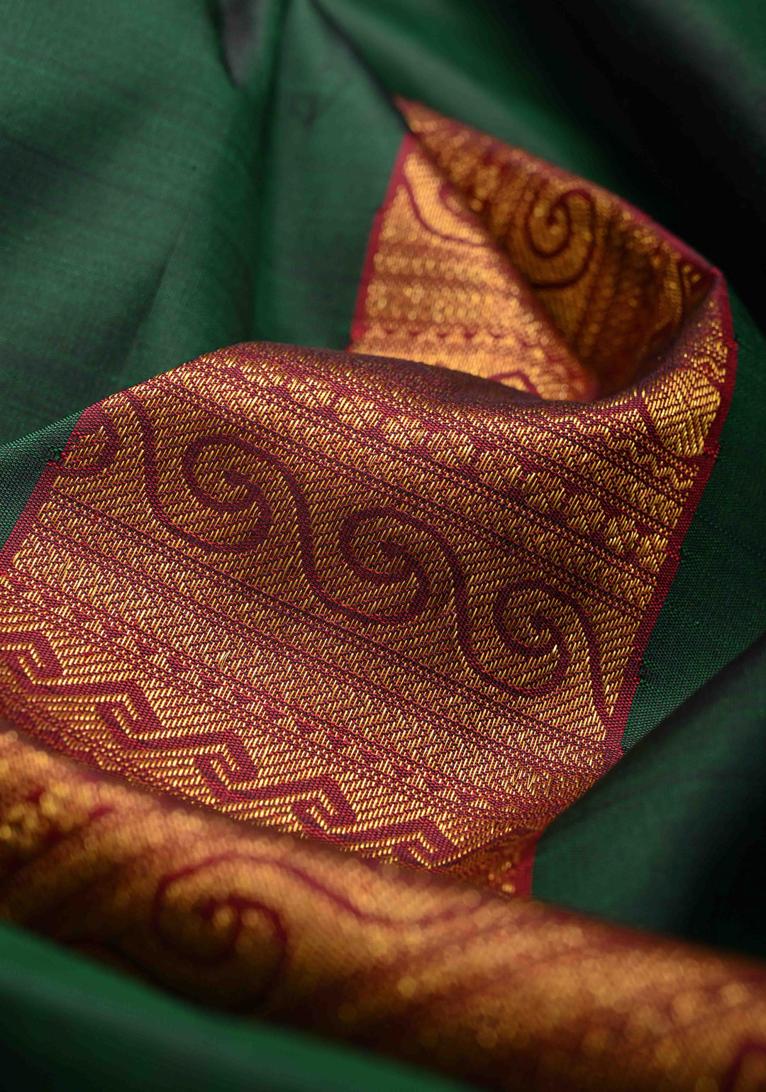 Bottle Green Kanjivaram Pure Silk Saree with Brocade Temple Border Panel Design  | SILK MARK CERTIFIED