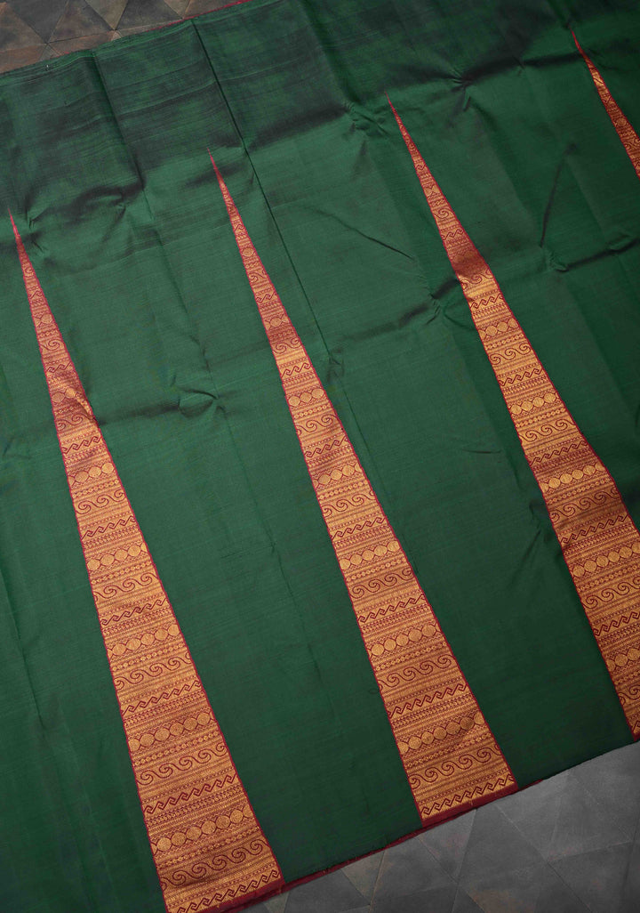 Bottle Green Kanjivaram Pure Silk Saree with Brocade Temple Border Panel Design  | SILK MARK CERTIFIED