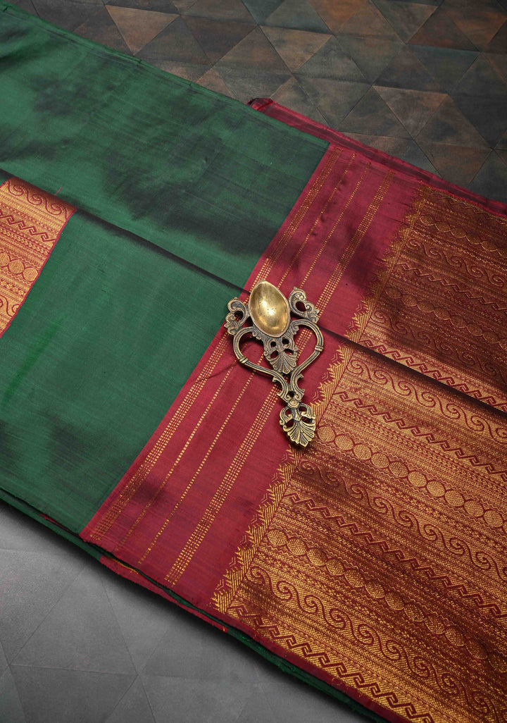 Bottle Green Kanjivaram Pure Silk Saree with Brocade Temple Border Panel Design  | SILK MARK CERTIFIED