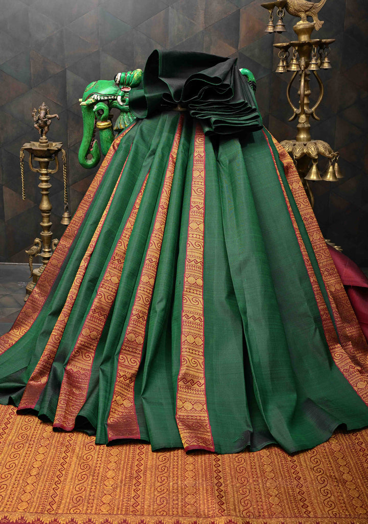 Bottle Green Kanjivaram Pure Silk Saree with Brocade Temple Border Panel Design  | SILK MARK CERTIFIED