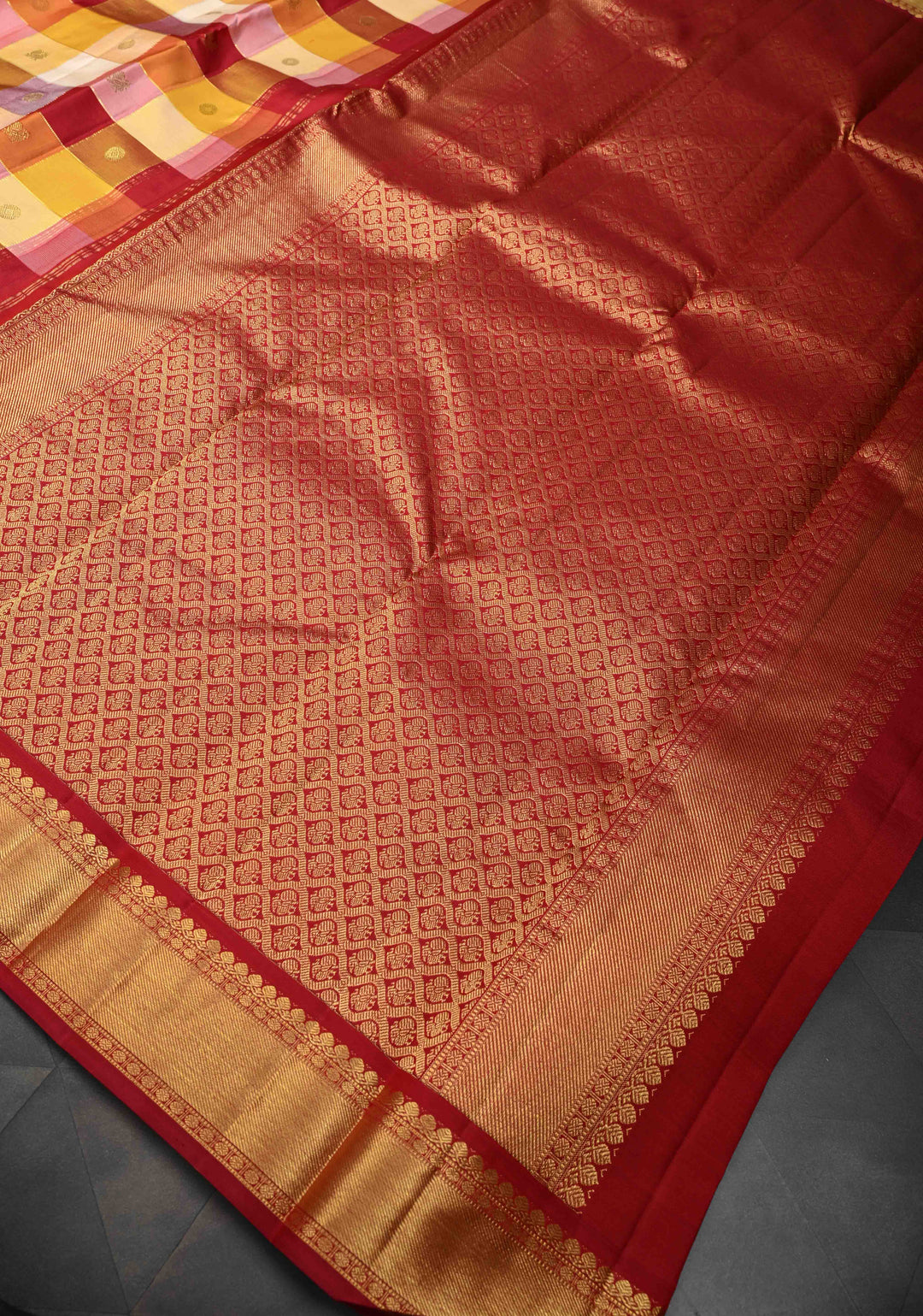Multicolor Pallum Pazhamum Kanjivaram Silk Saree with Zari Buttas and Zari Border | SILK MARK CERTIFIED