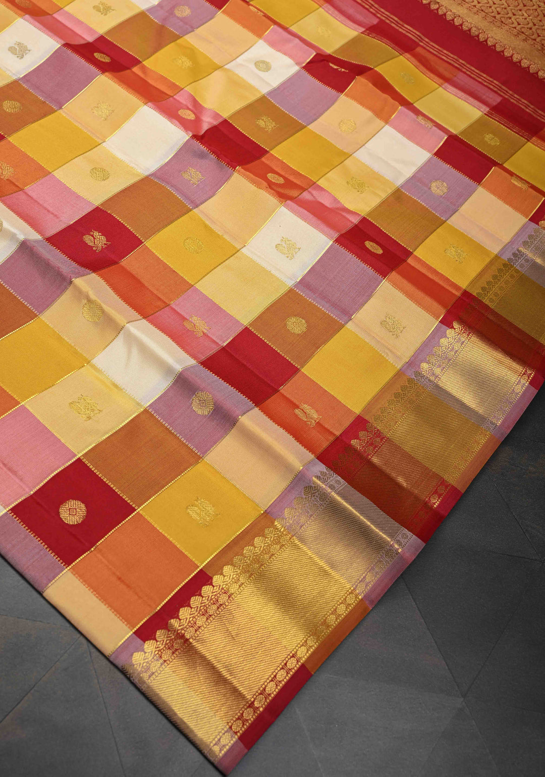 Multicolor Pallum Pazhamum Kanjivaram Silk Saree with Zari Buttas and Zari Border | SILK MARK CERTIFIED
