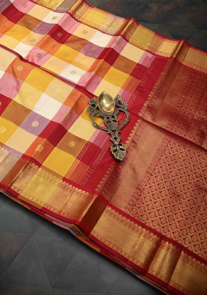 Multicolor Pallum Pazhamum Kanjivaram Silk Saree with Zari Buttas and Zari Border | SILK MARK CERTIFIED