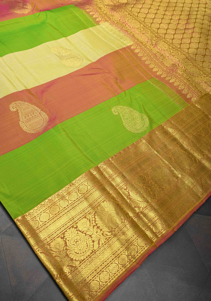 Multicolor Panels Design on Kanjivaram Pure Silk Saree with Paisley Buttas and Zari Border  | SILK MARK CERTIFIED