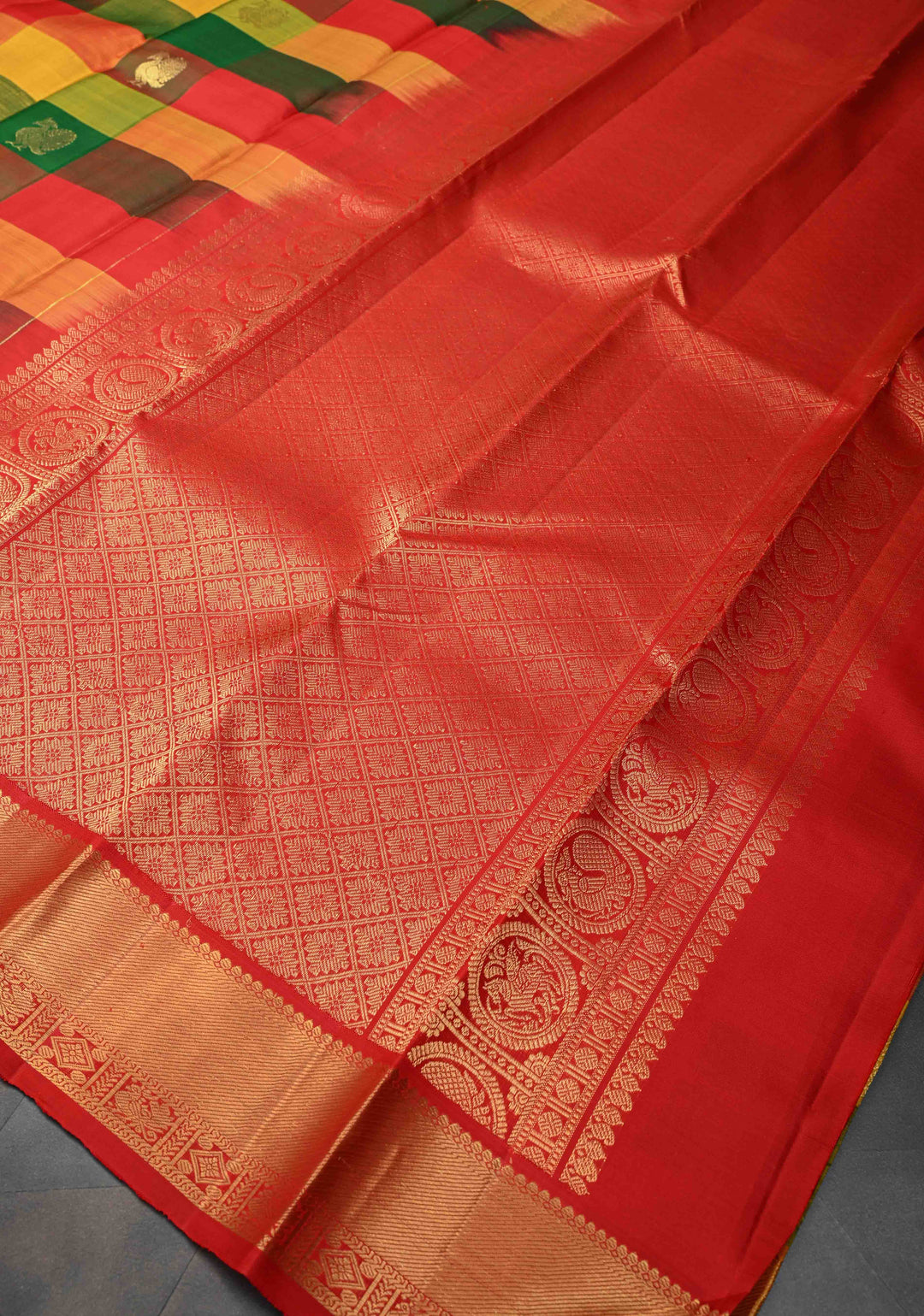 Multicolor Pallum Pazhamum Kanjivaram Silk Saree with Zari Buttas and Zari Border | SILK MARK CERTIFIED