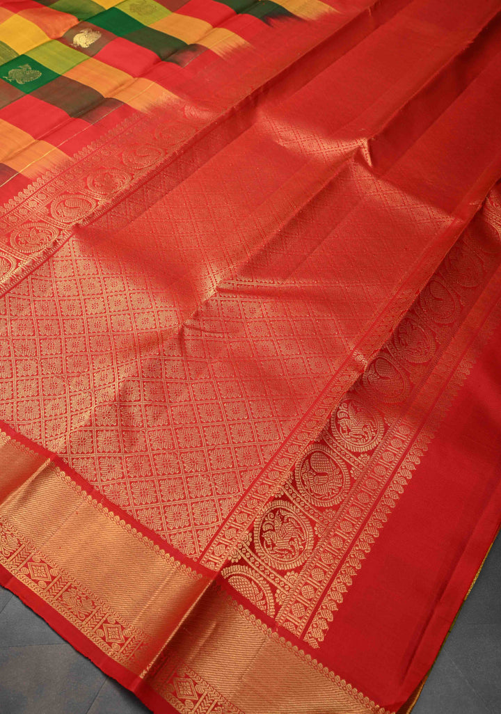 Multicolor Pallum Pazhamum Kanjivaram Silk Saree with Zari Buttas and Zari Border | SILK MARK CERTIFIED