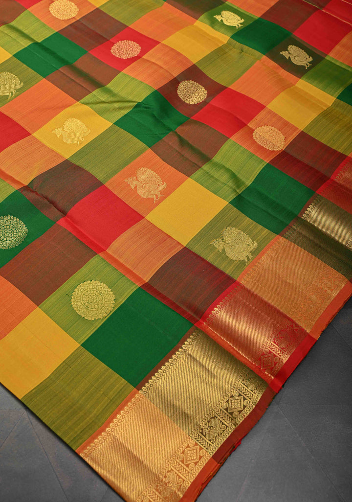 Multicolor Pallum Pazhamum Kanjivaram Silk Saree with Zari Buttas and Zari Border | SILK MARK CERTIFIED