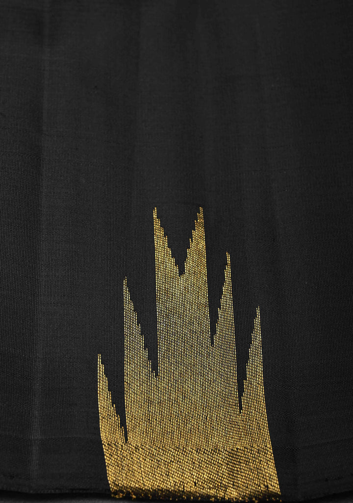Authentic Kanjivaram Silk Saree in Black Tone with Gold and Silver Temple Border with Grand Pallu and Zari  | SILK MARK CERTIFIED
