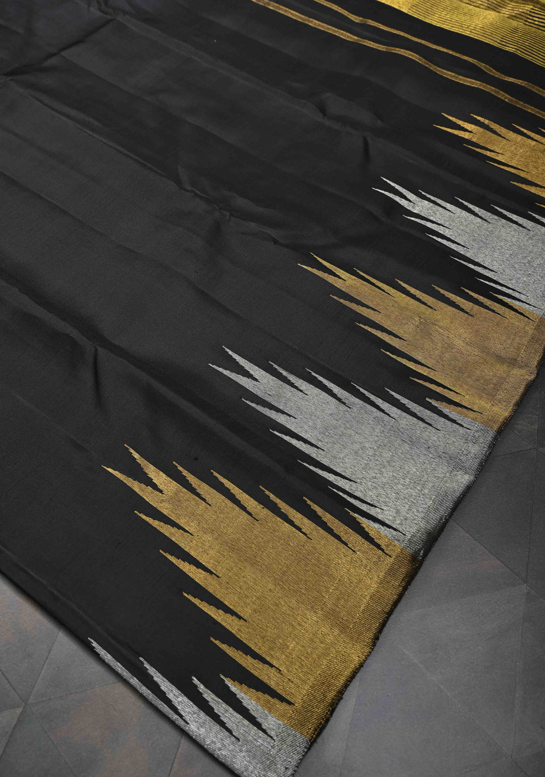 PREORDER: Authentic Kanjivaram Silk Saree in Black Tone with Gold and Silver Temple Border with Grand Pallu and Zari  | SILK MARK CERTIFIED