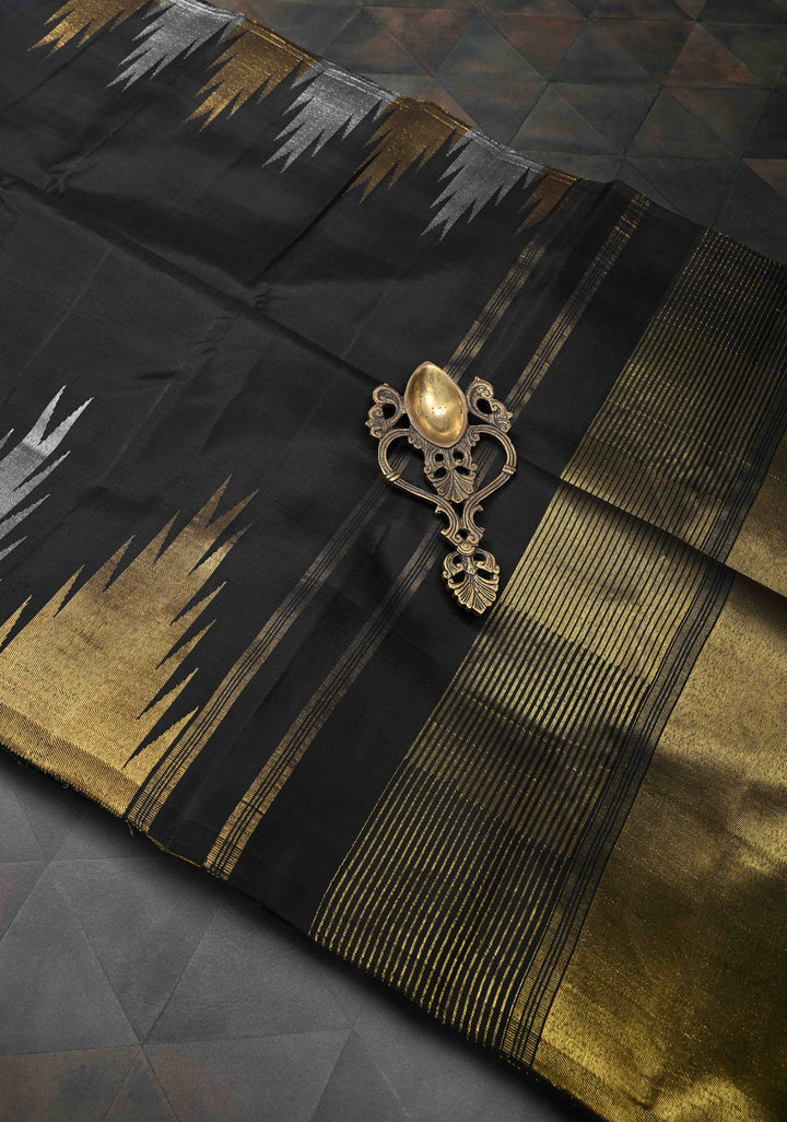 Authentic Kanjivaram Silk Saree in Black Tone with Gold and Silver Temple Border with Grand Pallu and Zari  | SILK MARK CERTIFIED
