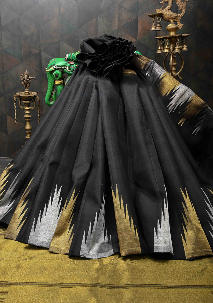 PREORDER: Authentic Kanjivaram Silk Saree in Black Tone with Gold and Silver Temple Border with Grand Pallu and Zari  | SILK MARK CERTIFIED