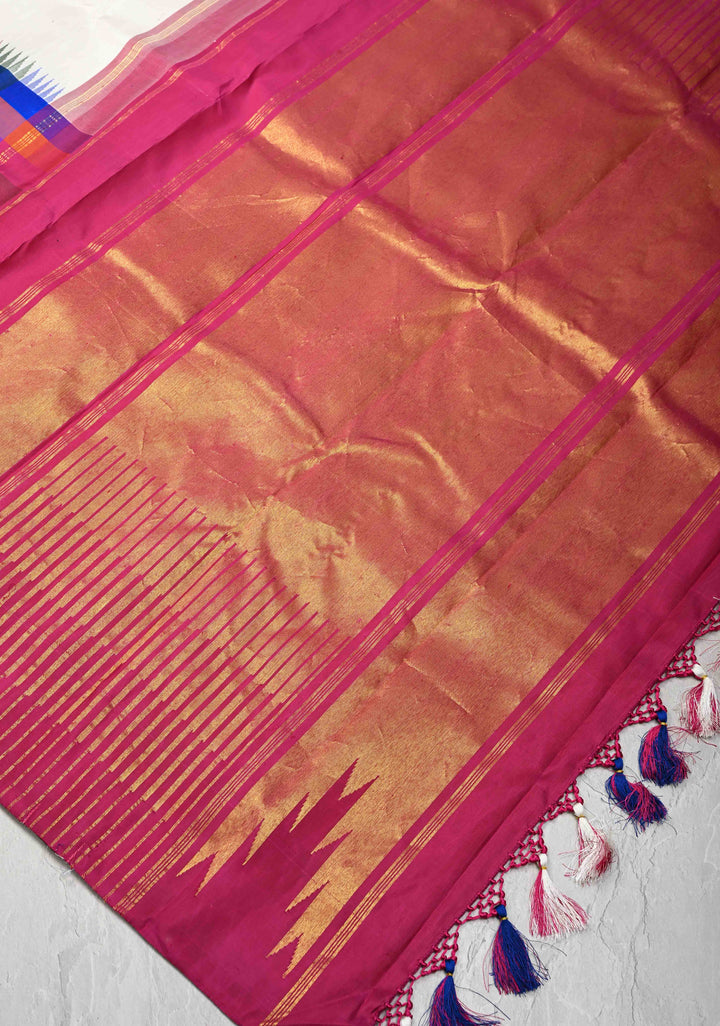 Off White Kanjivaram Pure Silk Saree with Coin Buttas and Zari checks panel Border | SILK MARK CERTIFIED