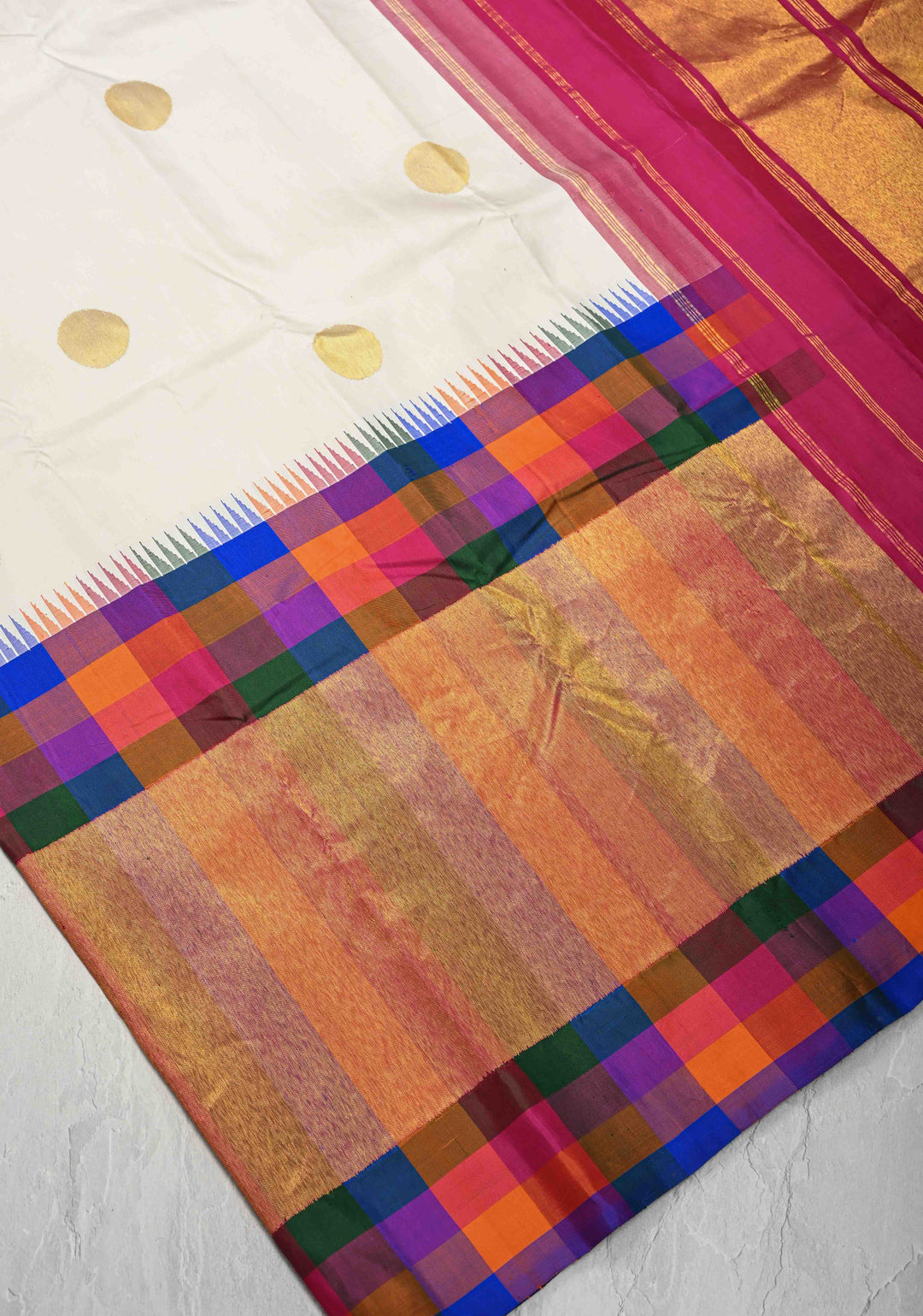 Off White Kanjivaram Pure Silk Saree with Coin Buttas and Zari checks panel Border | SILK MARK CERTIFIED