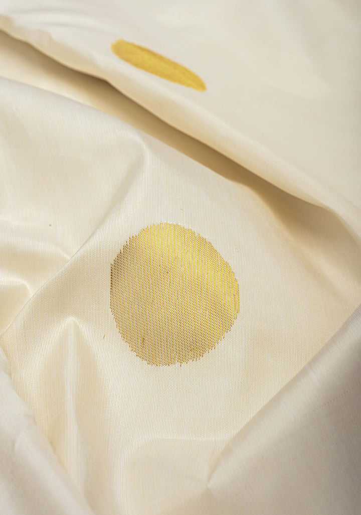Off White Kanjivaram Pure Silk Saree with Coin Buttas and Zari checks panel Border | SILK MARK CERTIFIED