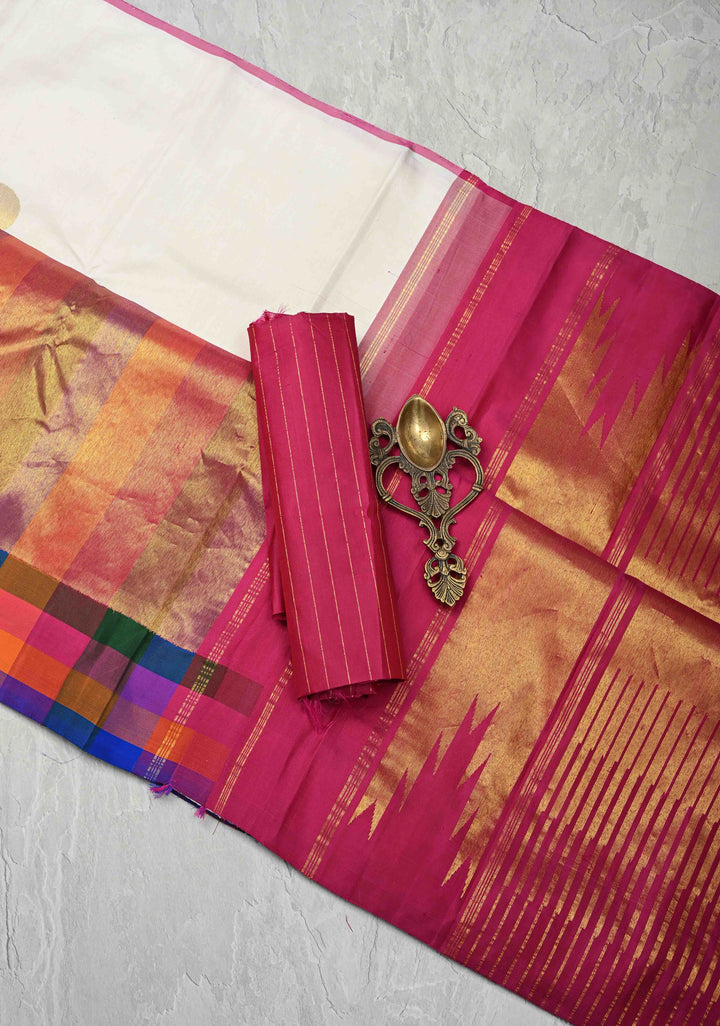Off White Kanjivaram Pure Silk Saree with Coin Buttas and Zari checks panel Border | SILK MARK CERTIFIED