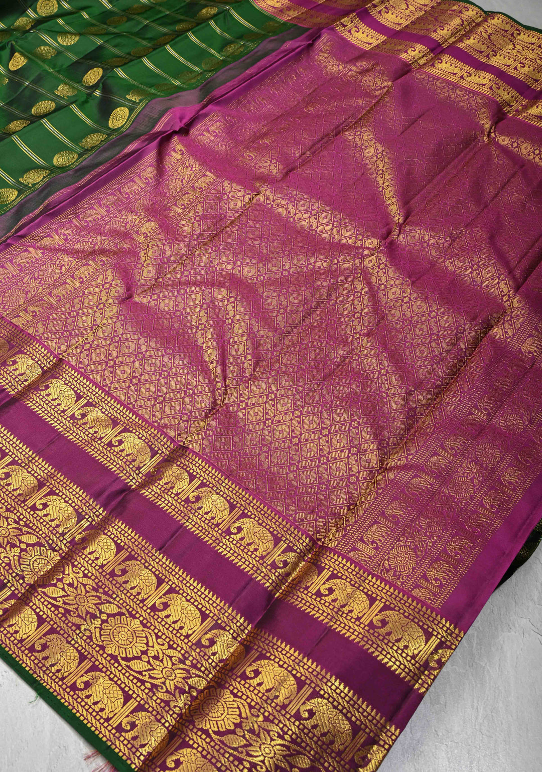 Green Kanjivaram Pure Silk Saree with Zari Stripes Buttas and Wide Contrast Border | SILK MARK CERTIFIED