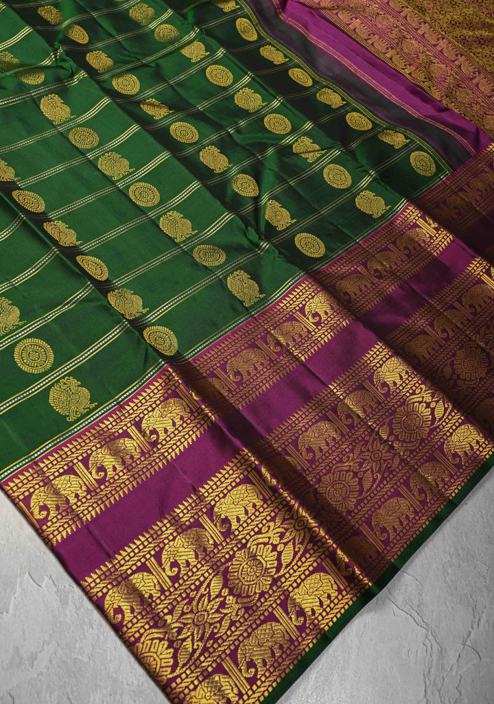 Green Kanjivaram Pure Silk Saree with Zari Stripes Buttas and Wide Contrast Border | SILK MARK CERTIFIED