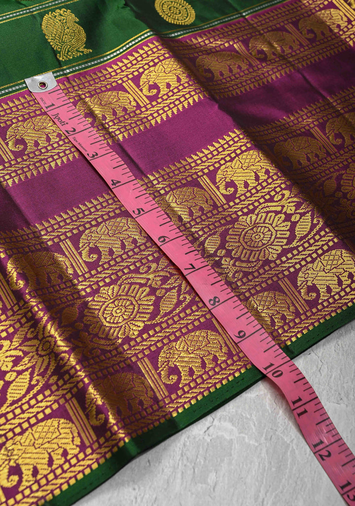Green Kanjivaram Pure Silk Saree with Zari Stripes Buttas and Wide Contrast Border | SILK MARK CERTIFIED