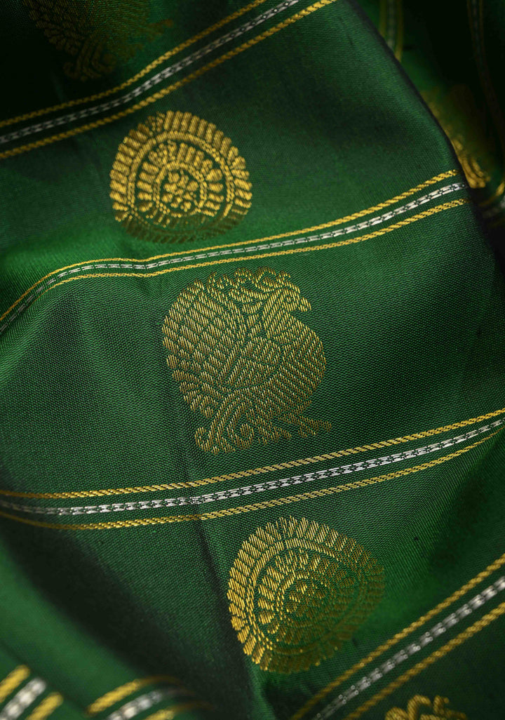Green Kanjivaram Pure Silk Saree with Zari Stripes Buttas and Wide Contrast Border | SILK MARK CERTIFIED