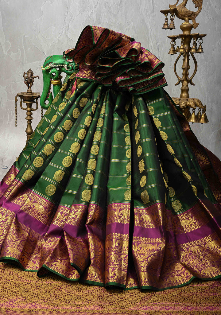 Green Kanjivaram Pure Silk Saree with Zari Stripes Buttas and Wide Contrast Border | SILK MARK CERTIFIED