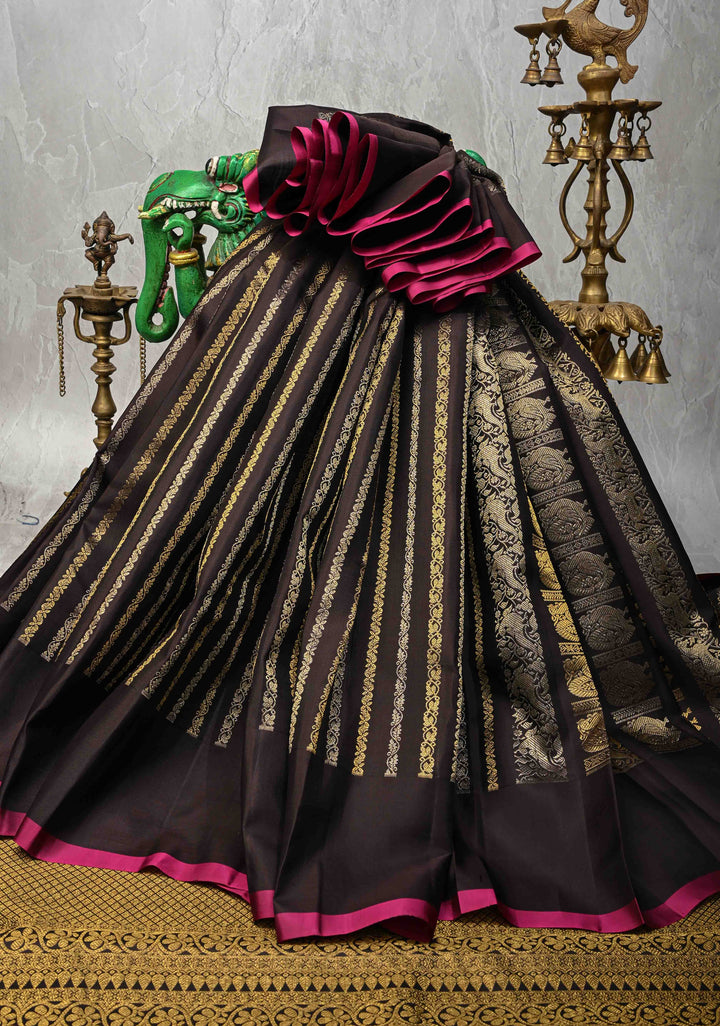 Celebrity design Half and Half Vanasingaram stripes Kanjivaram Black Silk Saree  | SILK MARK CERTIFIED