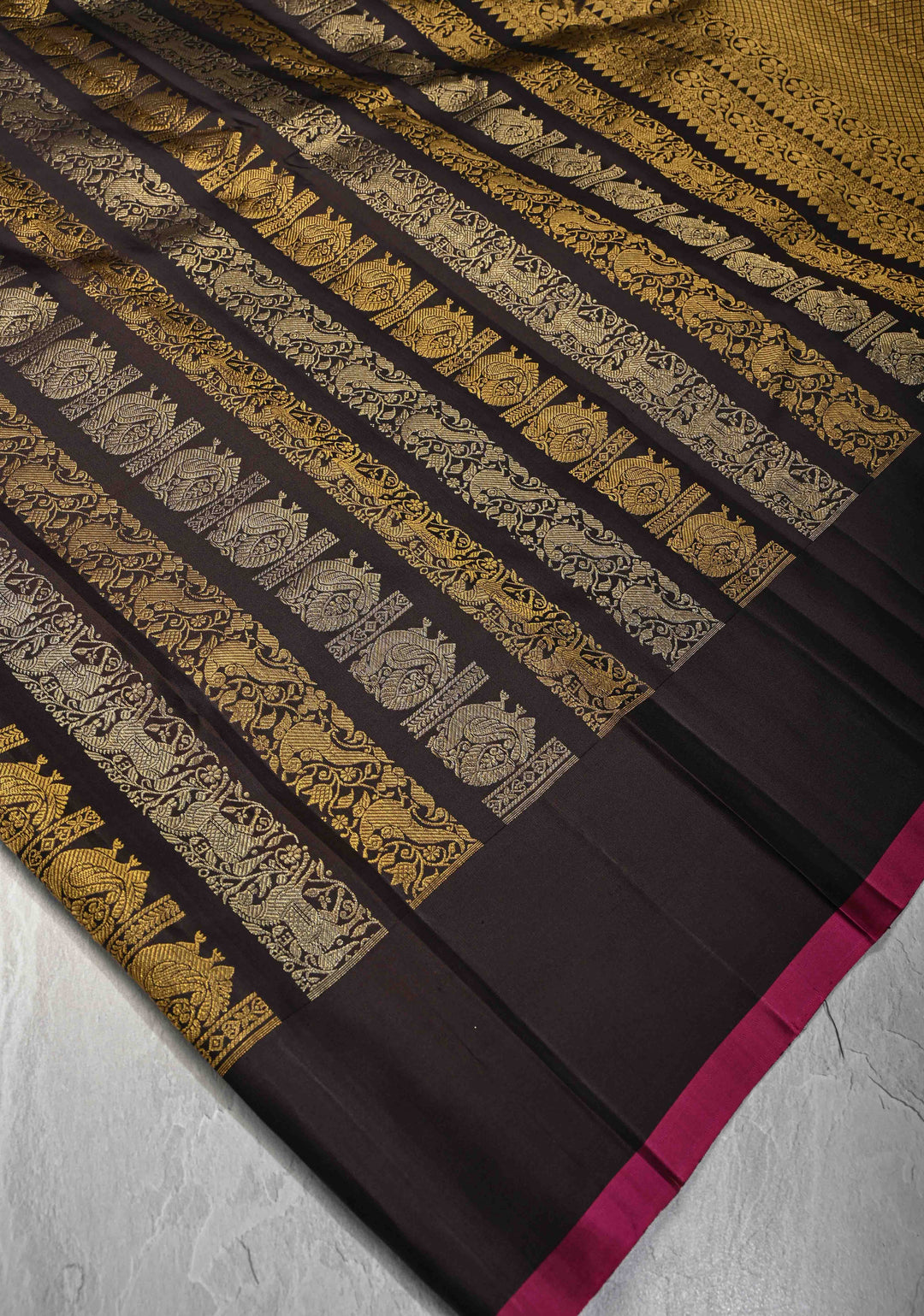 Celebrity design Half and Half Vanasingaram stripes Kanjivaram Black Silk Saree  | SILK MARK CERTIFIED