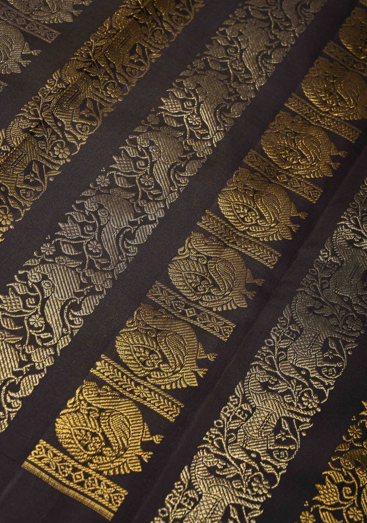 Celebrity design Half and Half Vanasingaram stripes Kanjivaram Black Silk Saree  | SILK MARK CERTIFIED