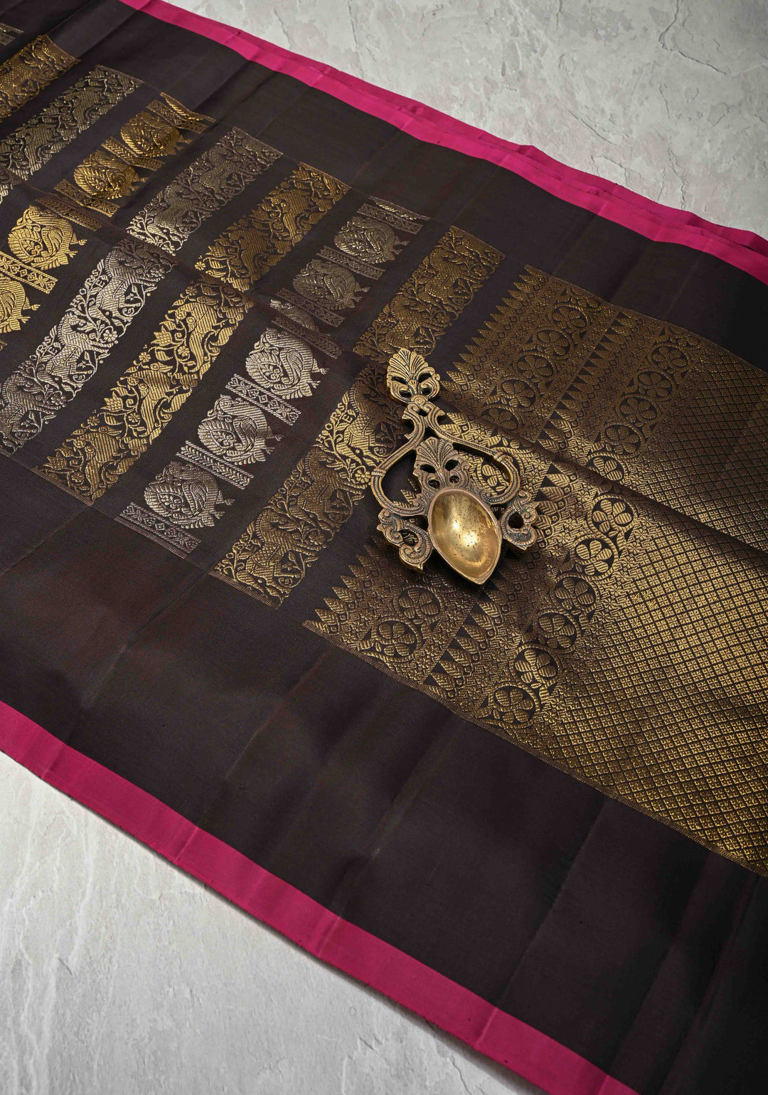 Celebrity design Half and Half Vanasingaram stripes Kanjivaram Black Silk Saree  | SILK MARK CERTIFIED