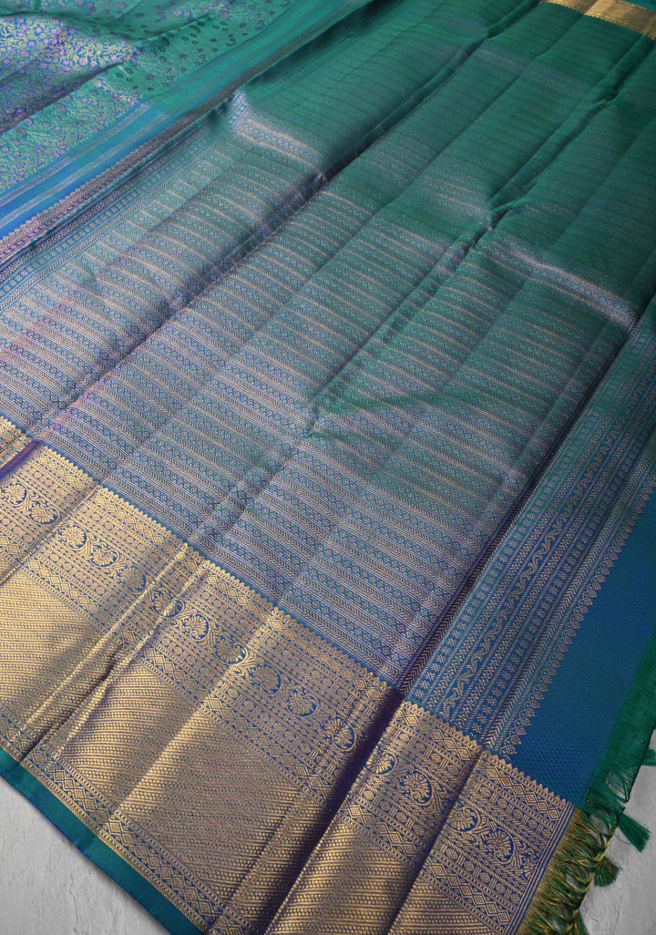 Blue- Green Dual tone Pure Kanjivaram Silk Saree with Meenakari Floral Brocade and Zari Border | SILK MARK CERTIFIED
