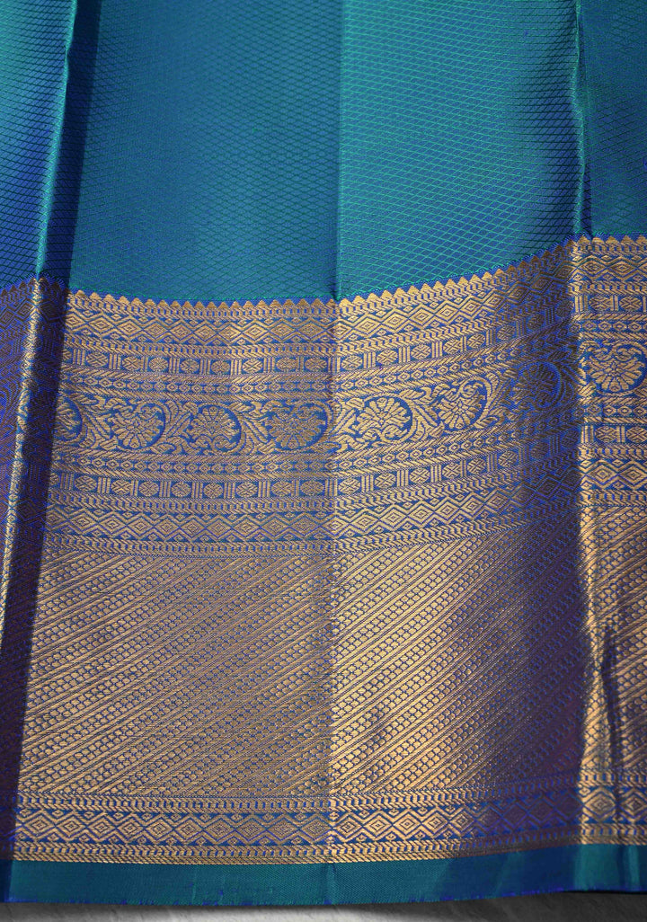 Blue- Green Dual tone Pure Kanjivaram Silk Saree with Meenakari Floral Brocade and Zari Border | SILK MARK CERTIFIED