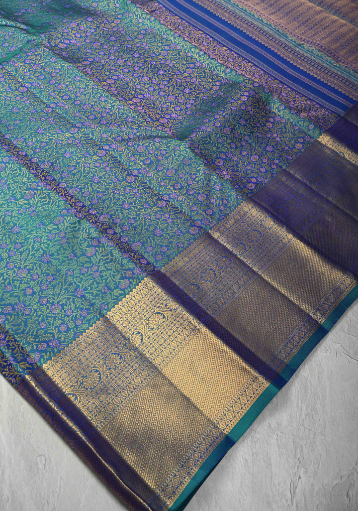 Orange  Dual tone Pure Kanjivaram Silk Saree with Meenakari Floral Brocade and Zari Border | SILK MARK CERTIFIED