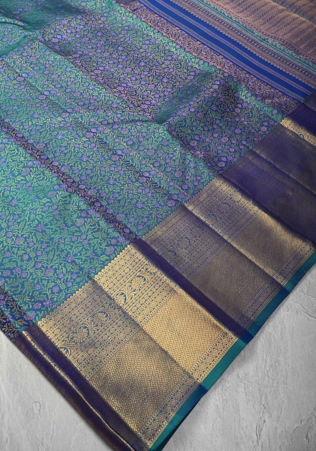 Blue- Green Dual tone Pure Kanjivaram Silk Saree with Meenakari Floral Brocade and Zari Border | SILK MARK CERTIFIED