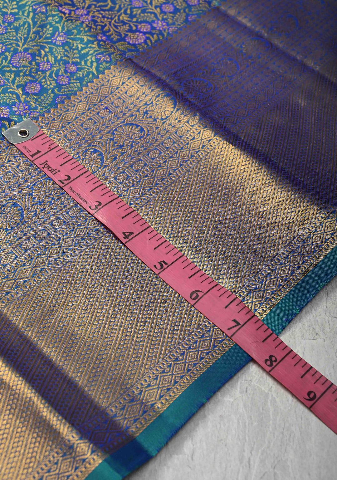 Blue- Green Dual tone Pure Kanjivaram Silk Saree with Meenakari Floral Brocade and Zari Border | SILK MARK CERTIFIED