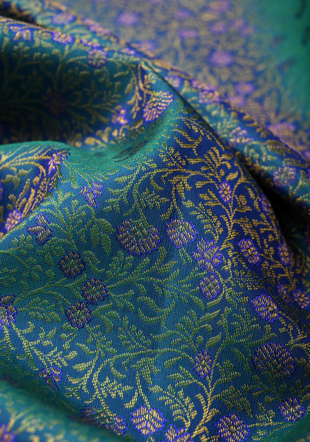 Blue- Green Dual tone Pure Kanjivaram Silk Saree with Meenakari Floral Brocade and Zari Border | SILK MARK CERTIFIED