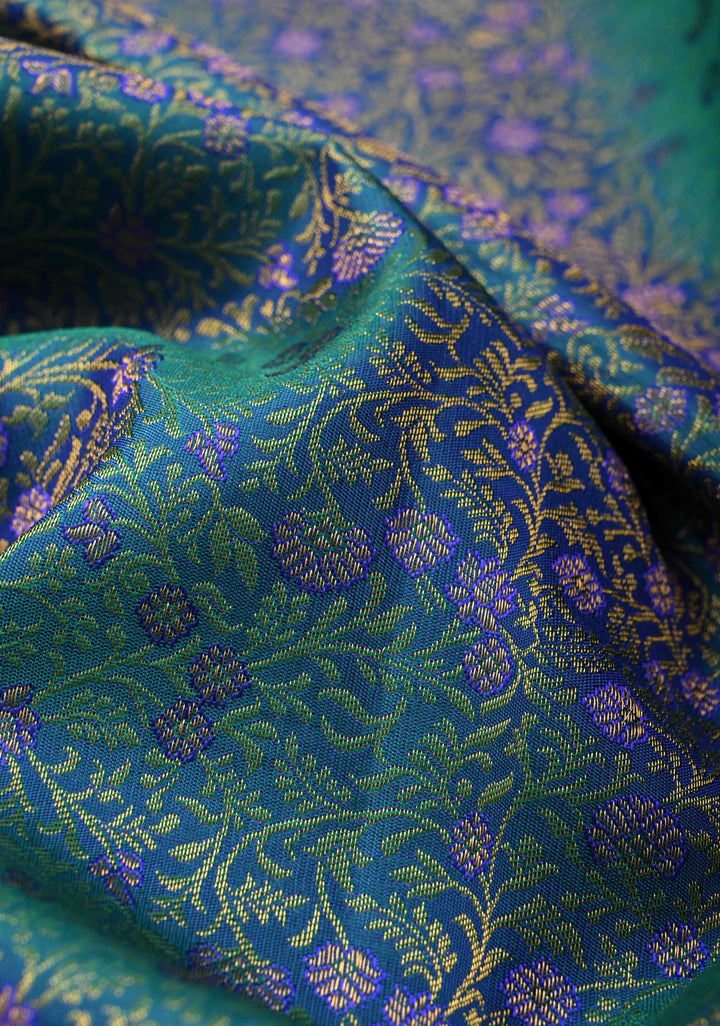 Blue- Green Dual tone Pure Kanjivaram Silk Saree with Meenakari Floral Brocade and Zari Border | SILK MARK CERTIFIED
