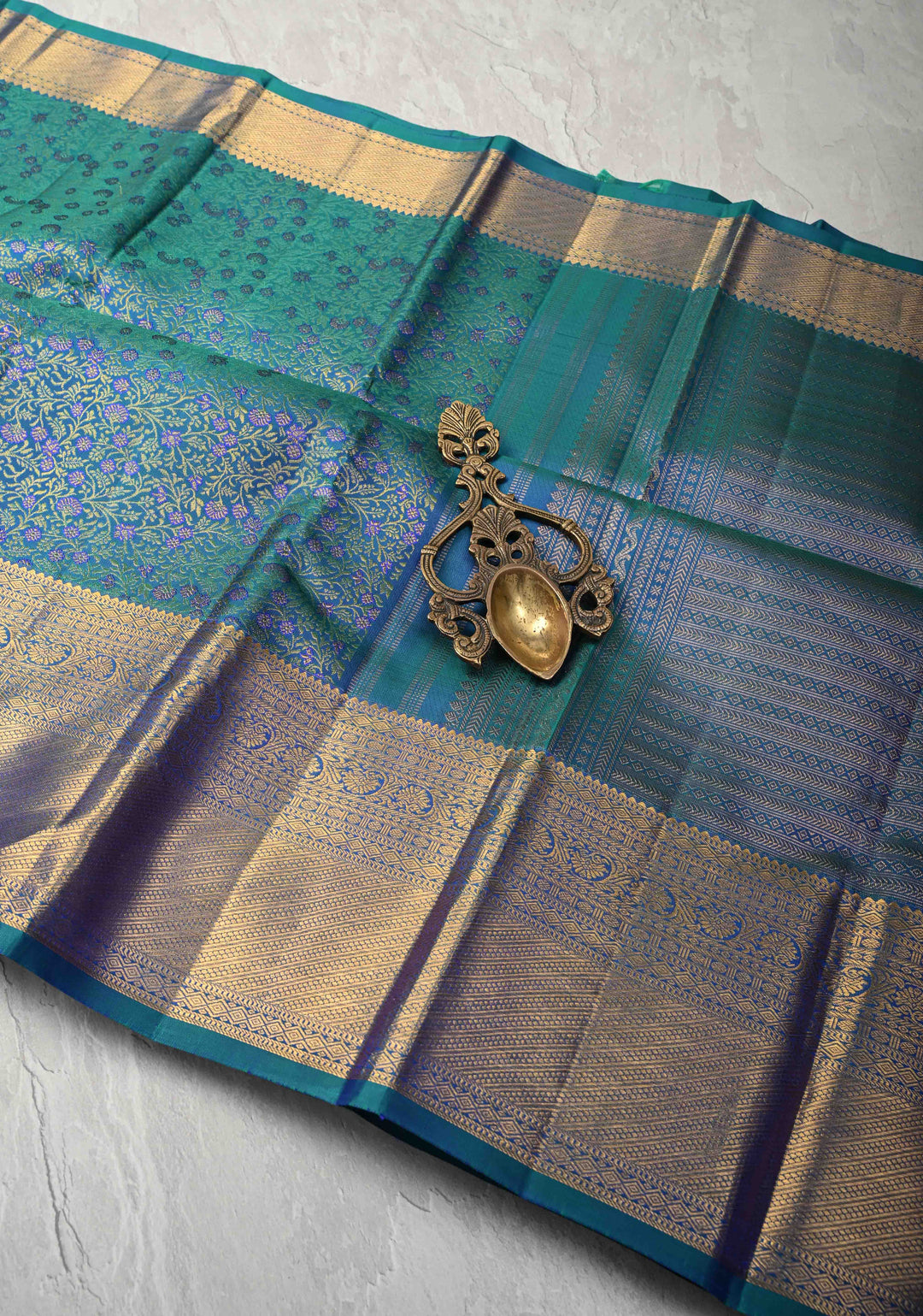 Blue- Green Dual tone Pure Kanjivaram Silk Saree with Meenakari Floral Brocade and Zari Border | SILK MARK CERTIFIED