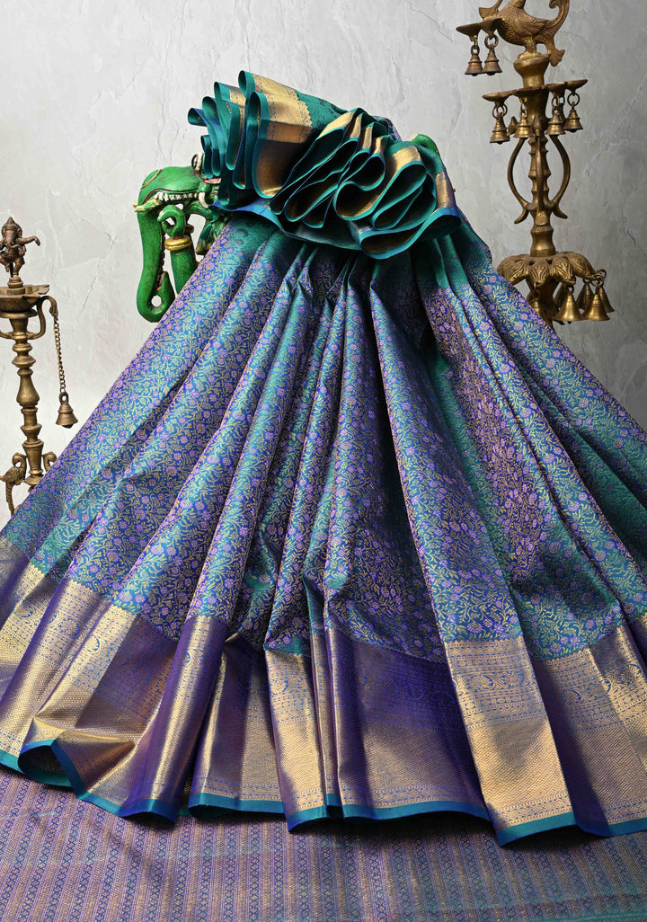 Blue- Green Dual tone Pure Kanjivaram Silk Saree with Meenakari Floral Brocade and Zari Border | SILK MARK CERTIFIED