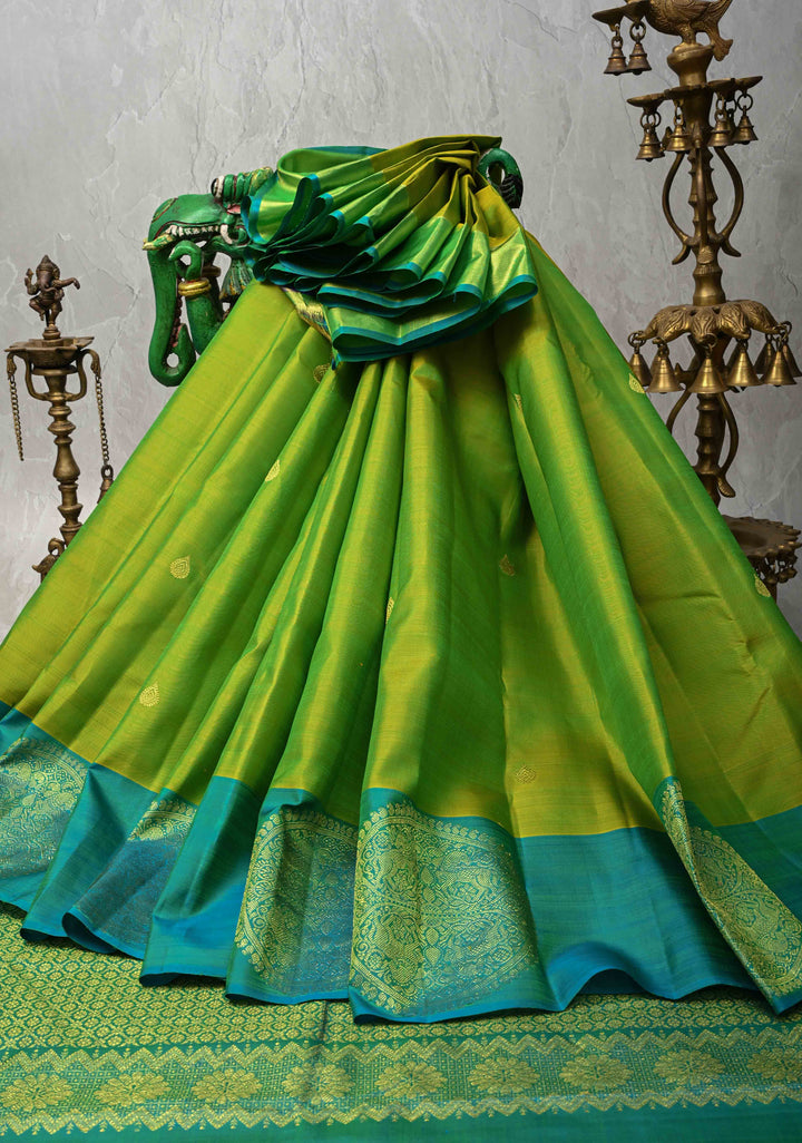 Chartreuse Kanjivaram Pure Silk Saree with Zari Buttas and Distinct Vanasingaram Mandala Motifs on Contrast Border | SILK MARK CERTIFIED