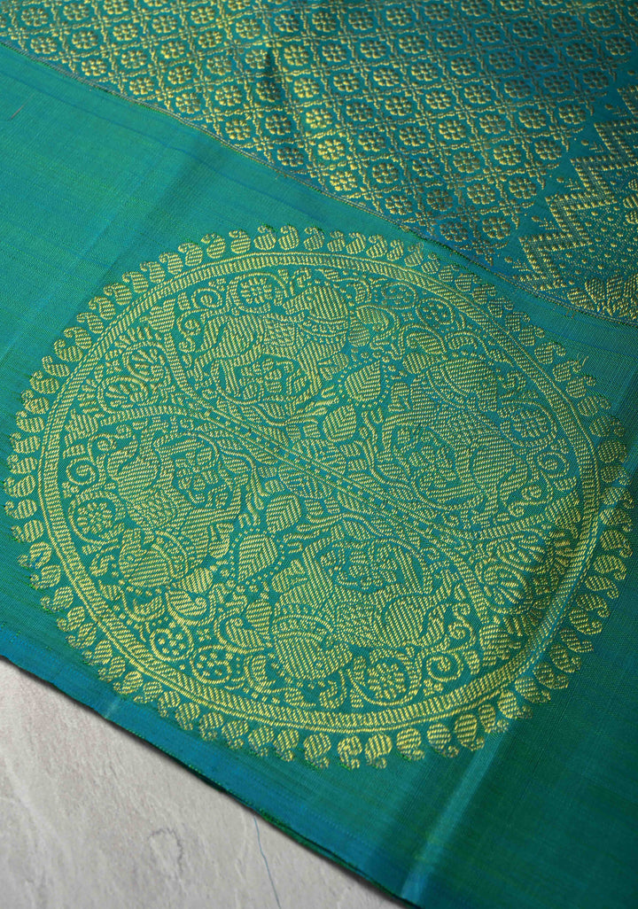 Chartreuse Kanjivaram Pure Silk Saree with Zari Buttas and Distinct Vanasingaram Mandala Motifs on Contrast Border | SILK MARK CERTIFIED