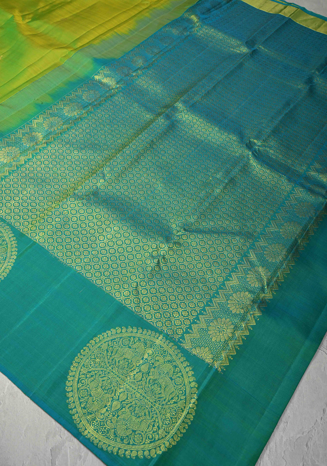 Chartreuse Kanjivaram Pure Silk Saree with Zari Buttas and Distinct Vanasingaram Mandala Motifs on Contrast Border | SILK MARK CERTIFIED