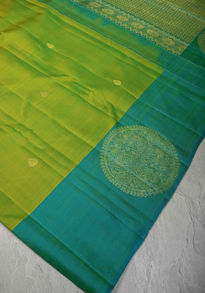 Chartreuse Kanjivaram Pure Silk Saree with Zari Buttas and Distinct Vanasingaram Mandala Motifs on Contrast Border | SILK MARK CERTIFIED