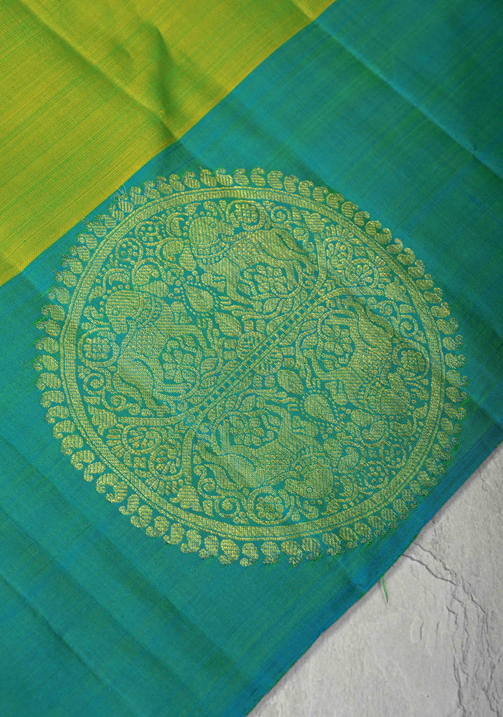 Chartreuse Kanjivaram Pure Silk Saree with Zari Buttas and Distinct Vanasingaram Mandala Motifs on Contrast Border | SILK MARK CERTIFIED