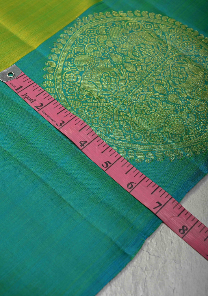 Chartreuse Kanjivaram Pure Silk Saree with Zari Buttas and Distinct Vanasingaram Mandala Motifs on Contrast Border | SILK MARK CERTIFIED